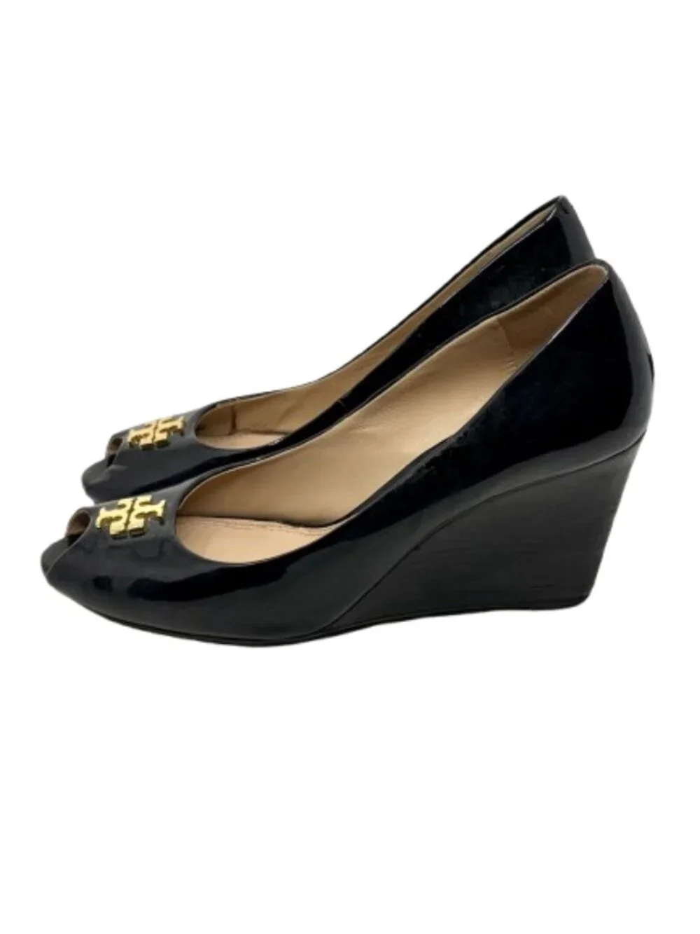 TORY BURCH~Jade Peep Toe Wedge~BLACK PATENT LEATHER PUMPS HEELS SHOES Size 8.5
